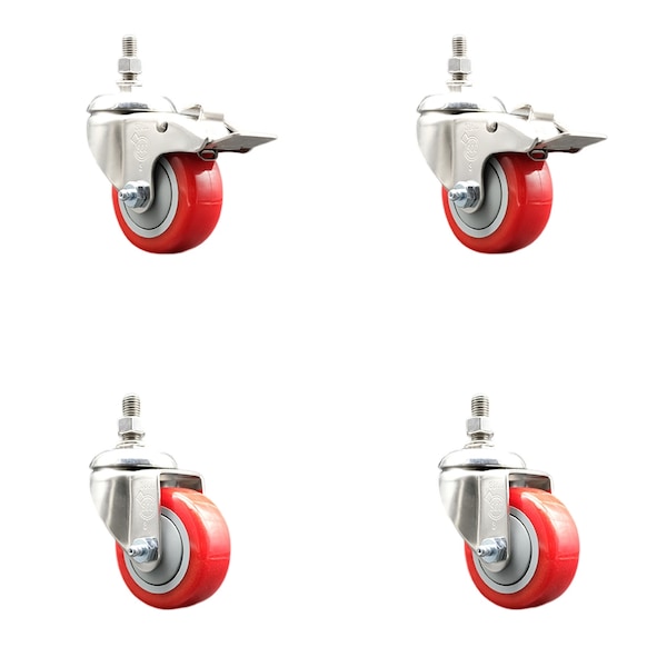 Service Caster 3.5 Inch 316SS Red Polyurethane 3/8 Inch Threaded Stem Caster Lock Brake, 2PK SS316TSTTL20S3514-PPUBRED-381615-2S2 - main